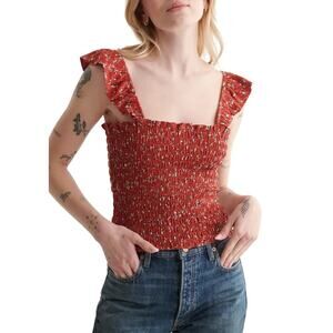 Lucky Brand Women Red Floral Cotton Boho Smocked Ruffle Strap Top Size XL